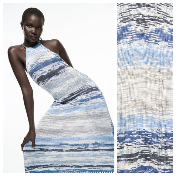 NWT. Zara White/Blue Knit Midi Dress. Size M. - Picture 1 of 9